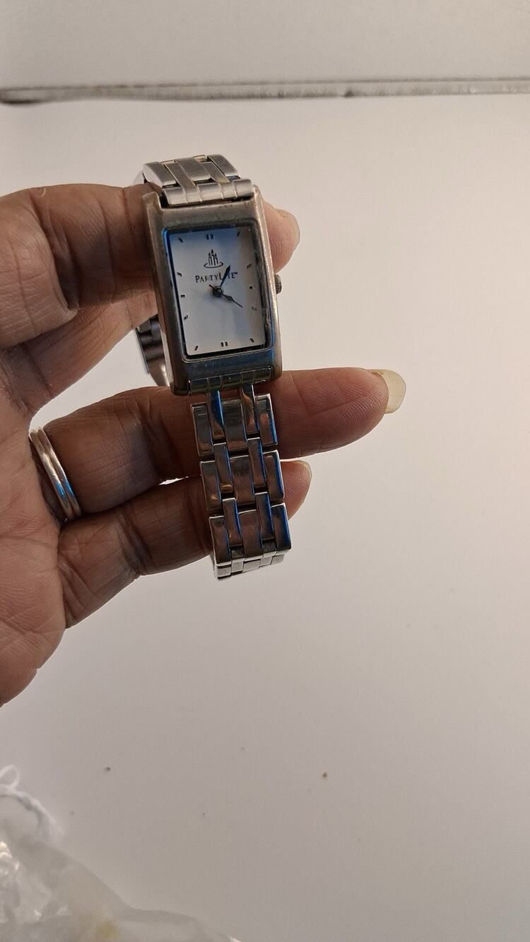 PartyLite Womens Watch Silver Tone Rectangular Tank White Dial Link Bracelet